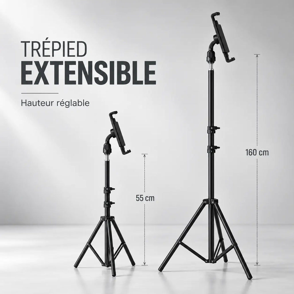 Trépied Tablette 160 CM Noir - vue de détail du trépied pour tablette, iPad & Samsung Galaxy, Sac de Rangement & Support inclus