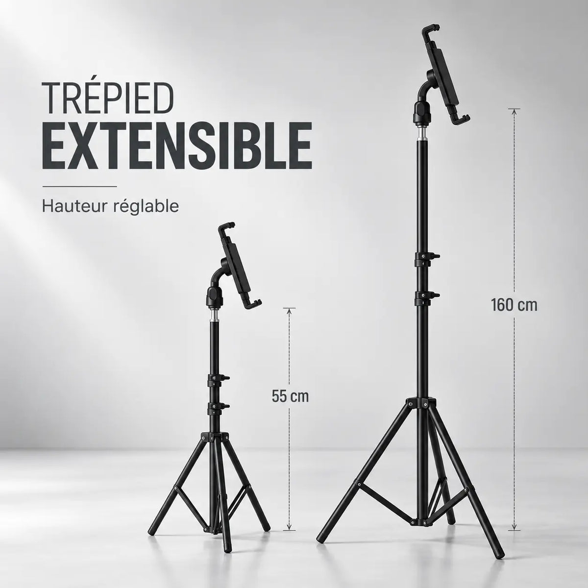 Trépied Tablette 160 CM Noir - vue de détail du trépied pour tablette, iPad & Samsung Galaxy, Sac de Rangement & Support inclus