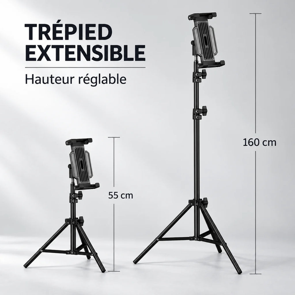 Trépied Tablette 160 CM Pince Rotative Noir - hauteur réglable 55-160 cm du trépied pour tablette, iPad & Samsung Galaxy