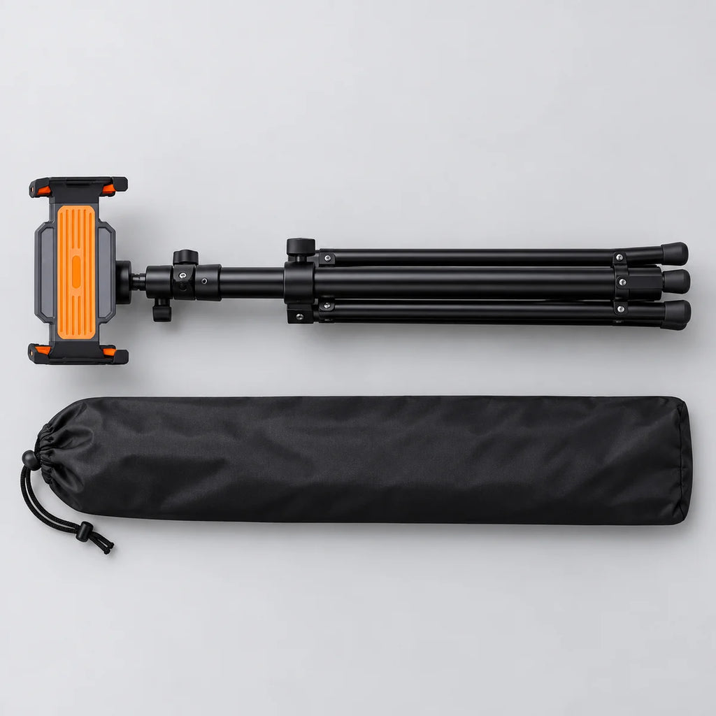 Trépied Tablette 160 CM Pince Rotative Orange - format plié et transport du trépied pour tablette, iPad & Samsung Galaxy