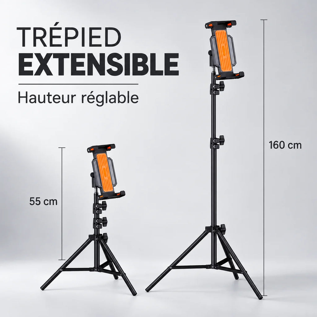 Trépied Tablette 160 CM Pince Rotative Orange - hauteur réglable 55-160 cm du trépied pour tablette, iPad & Samsung Galaxy