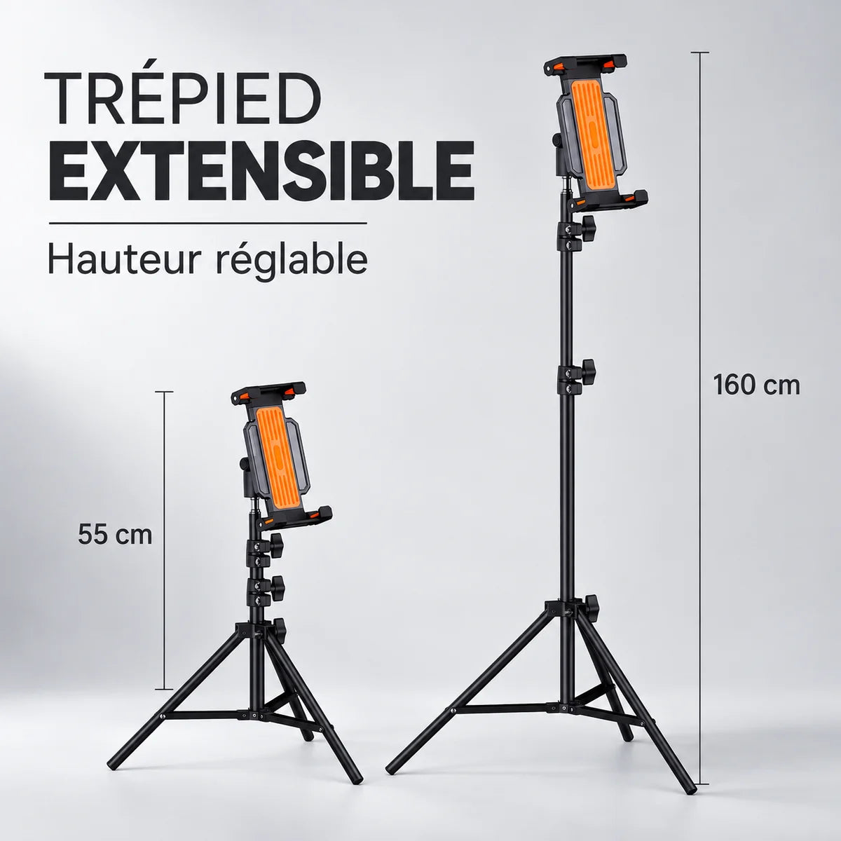 Trépied Tablette 160 CM Pince Rotative Orange - hauteur réglable 55-160 cm du trépied pour tablette, iPad & Samsung Galaxy