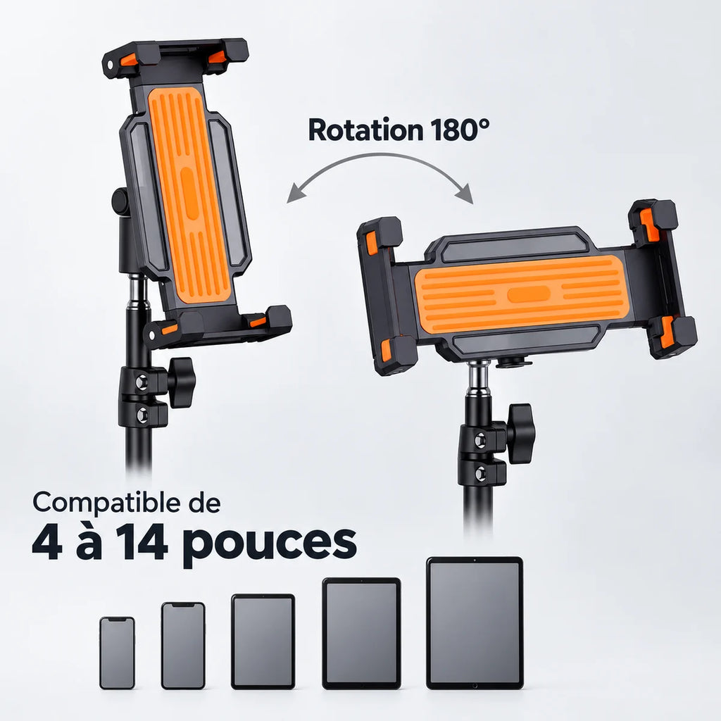 Trépied Tablette 160 CM Pince Rotative Orange - pince rotative 180° pour tablette et smartphone de 4 à 14 pouces
