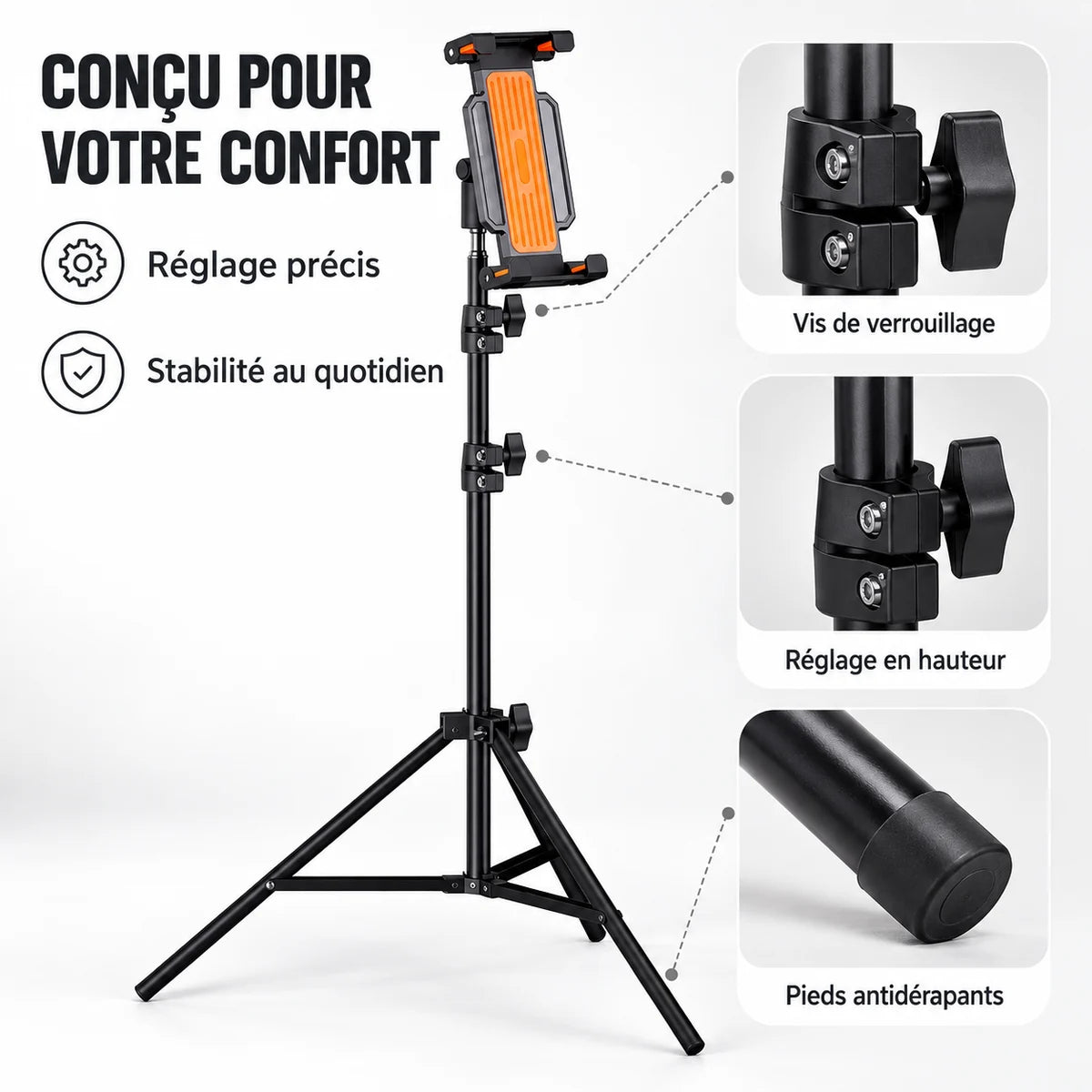 Trépied Tablette 160 CM Pince Rotative Orange - réglage et fixation du trépied pour tablette, iPad & Samsung Galaxy