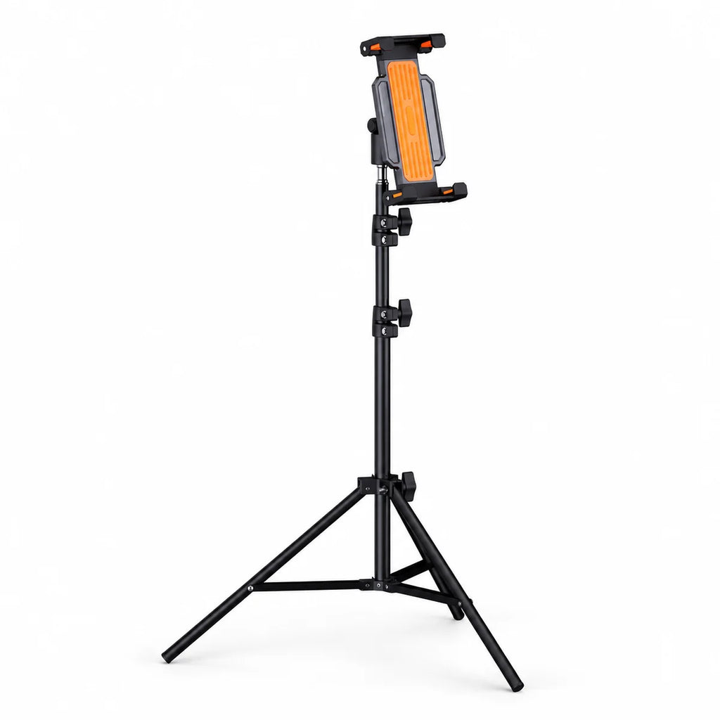 Trépied Tablette 160 CM Pince Rotative Orange - vue principale du trépied pour tablette, iPad & Samsung Galaxy