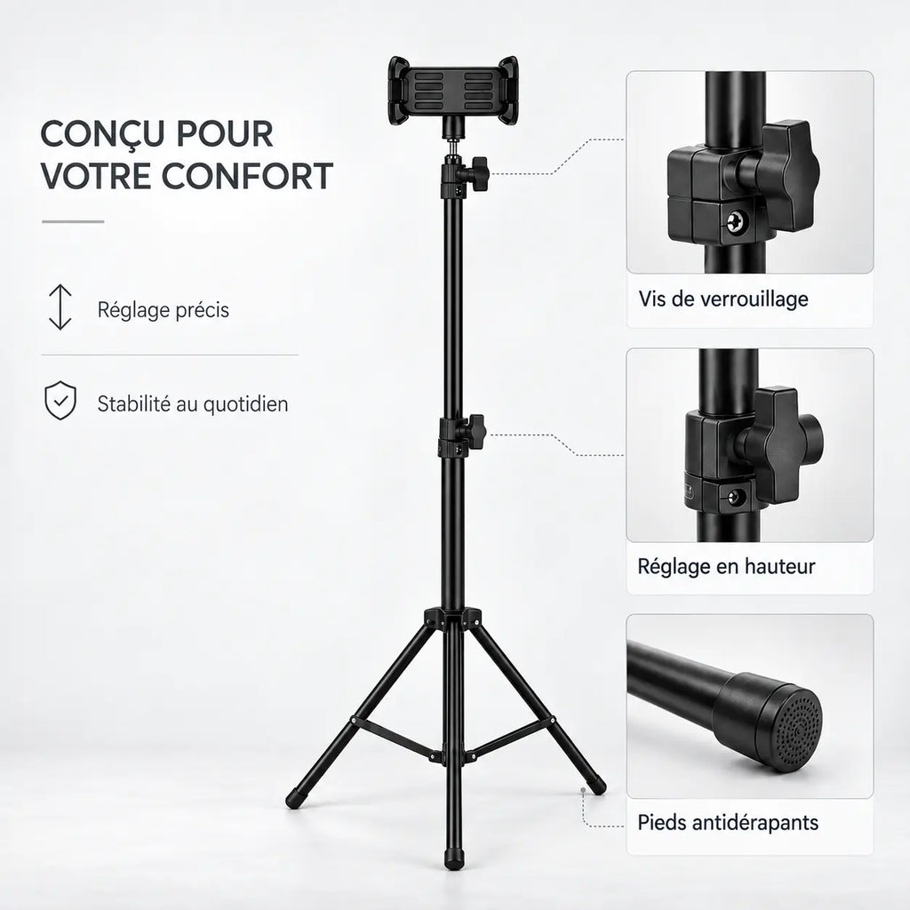 Trépied Tablette 160 CM - réglage et fixation du trépied pour tablette, iPad & Samsung Galaxy, Sac de Rangement & Support inclus