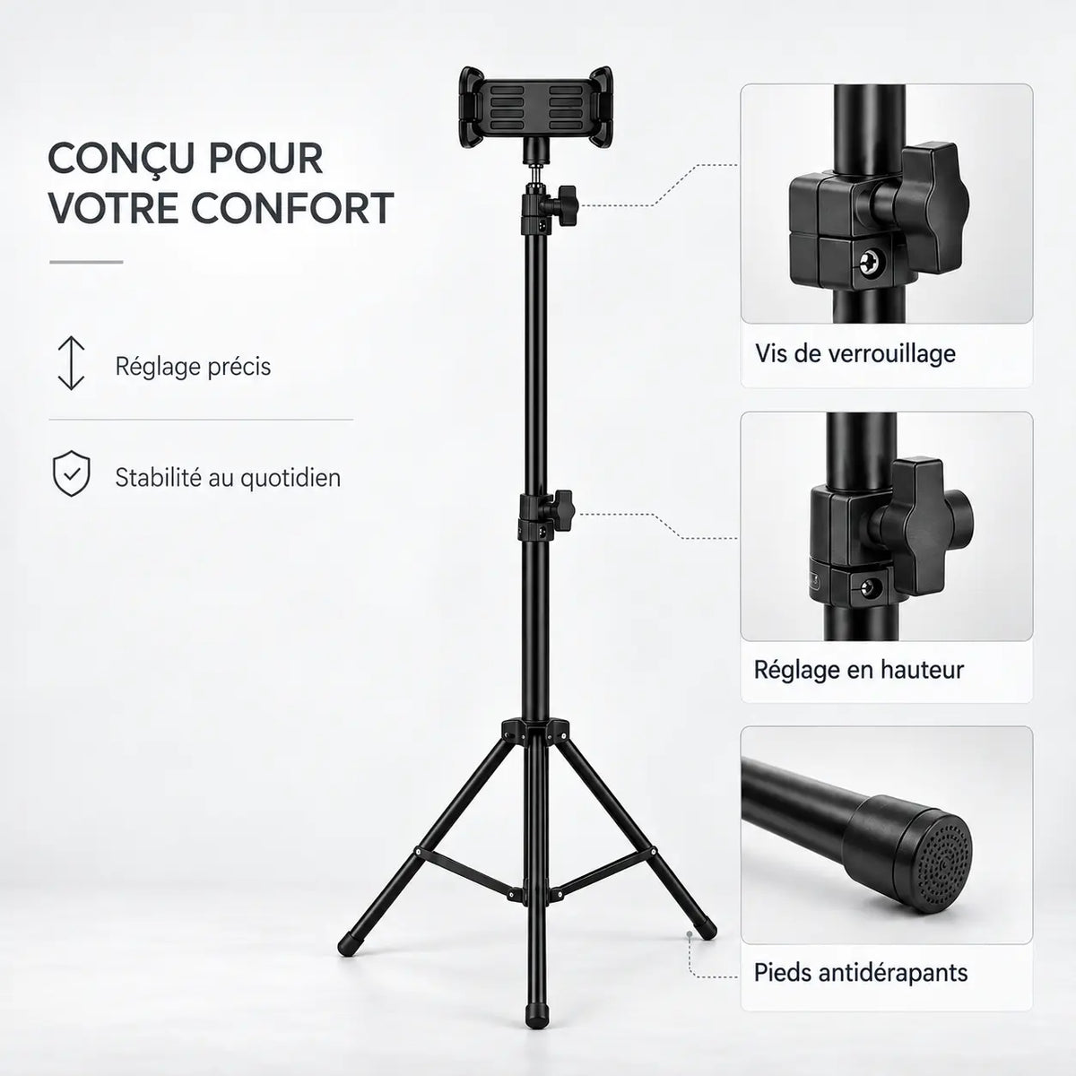 Trépied Tablette 160 CM - réglage et fixation du trépied pour tablette, iPad & Samsung Galaxy, Sac de Rangement & Support inclus