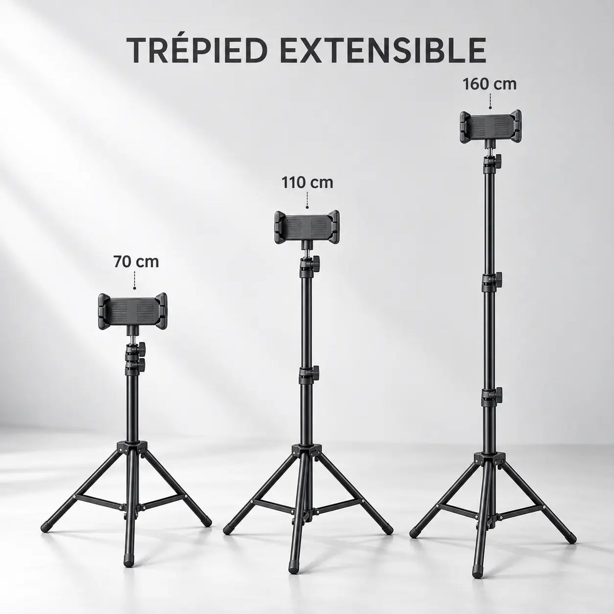 Trépied Tablette 160 CM - vue de détail du trépied pour tablette, iPad & Samsung Galaxy, Sac de Rangement & Support inclus