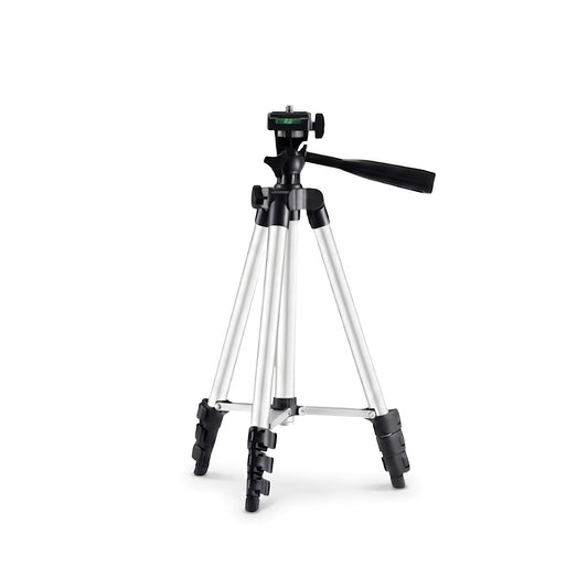 Trépied aluminium argenté 102 cm avec rotule panoramique et poignée de réglage noire sur fond blanc