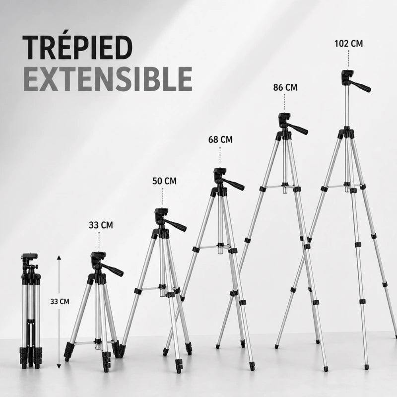 Infographie trépied extensible argenté montrant 6 hauteurs de 33 cm a 102 cm