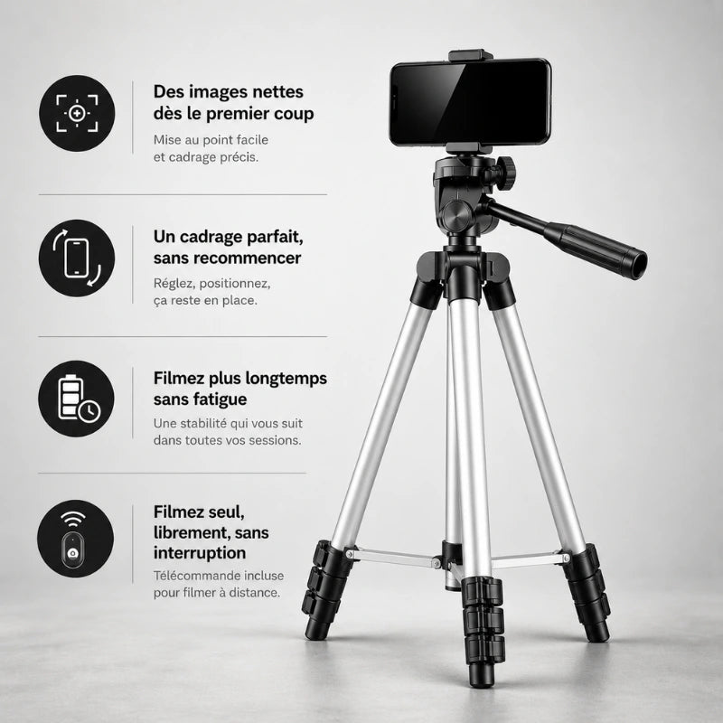 Trépied argenté avec smartphone fixé en haut - infographie 4 avantages : images nettes, cadrage parfait, filmez longtemps, filmez seul librement avec télécommande