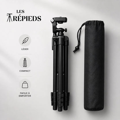 Trépied téléphone noir replié à plat a côté d une pochette de transport noire en tissu - logo Les Trépieds - infographie : léger, compact, facile a emporter
