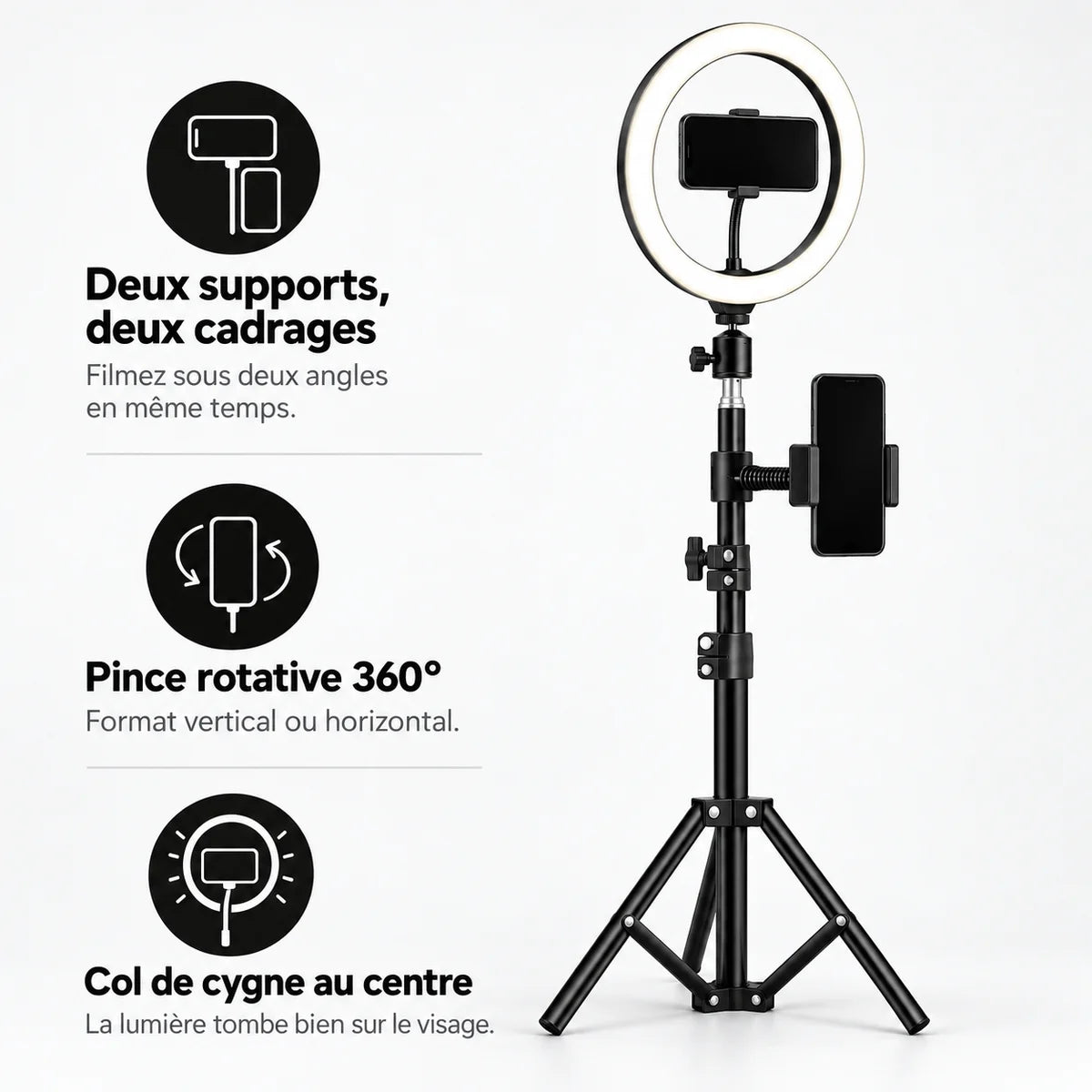 Trépied Téléphone 110 CM Noir - double support et pince rotative 360° du trépied pour téléphone, Anneau Lumineux 25 CM, Double Support & Rotule 360°