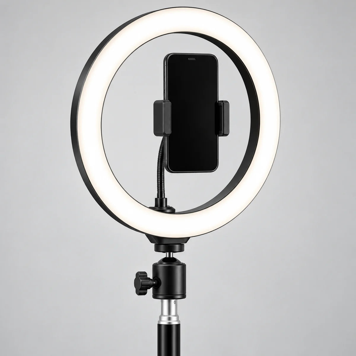 Trépied Téléphone 110 CM Noir - pince sur col de cygne au centre de l'anneau du trépied pour téléphone, Anneau Lumineux 25 CM, Double Support & Rotule 360°