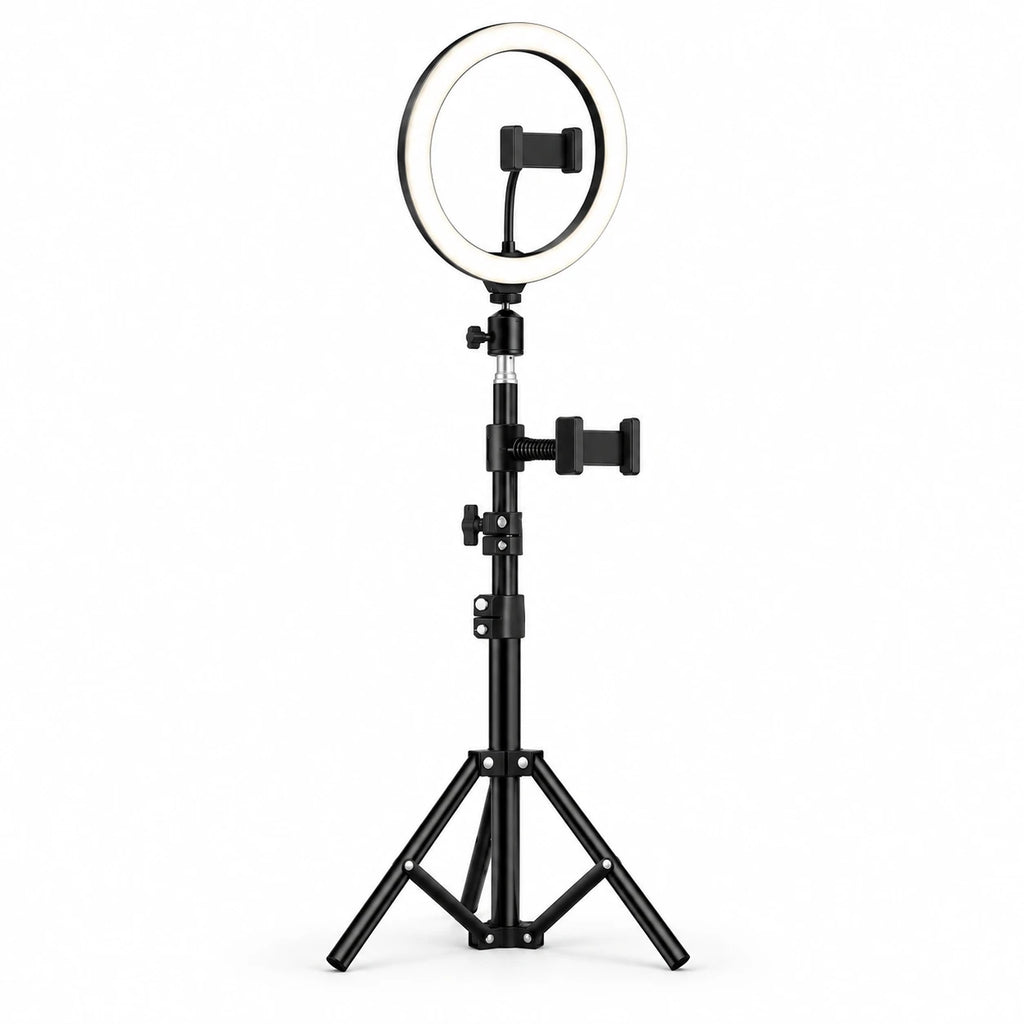 Trépied Téléphone 110 CM Noir - vue principale du trépied pour téléphone, Anneau Lumineux 25 CM, Double Support & Rotule 360°