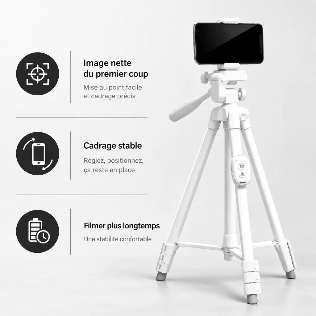 Trépied Téléphone 152 CM Blanc Aluminium - réglage et fixation du trépied pour téléphone, iPhone & Android, Stable & Mains Libres, Support & Télécommande inclus