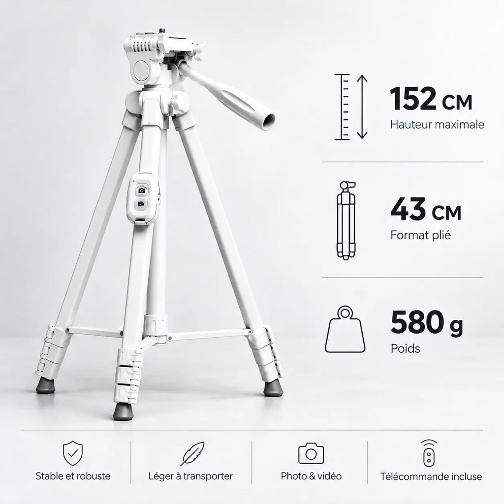 Trépied Téléphone 152 CM Blanc Aluminium - vue de détail du trépied pour téléphone, iPhone & Android, Stable & Mains Libres, Support & Télécommande inclus