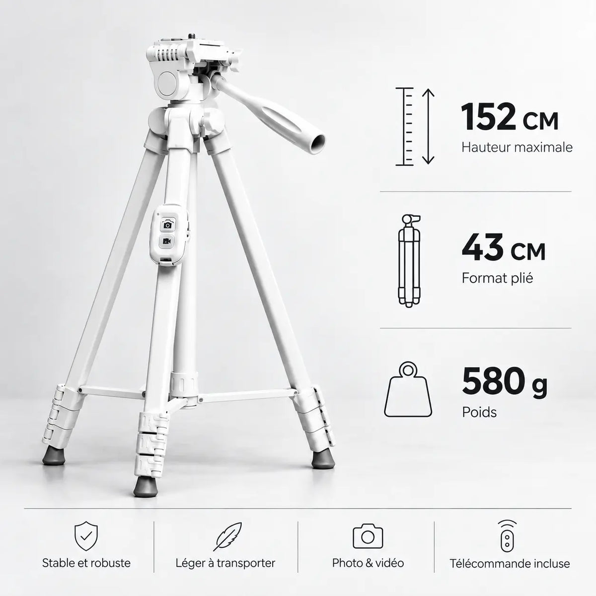 Trépied Téléphone 152 CM Blanc Aluminium - vue de détail du trépied pour téléphone, iPhone & Android, Stable & Mains Libres, Support & Télécommande inclus