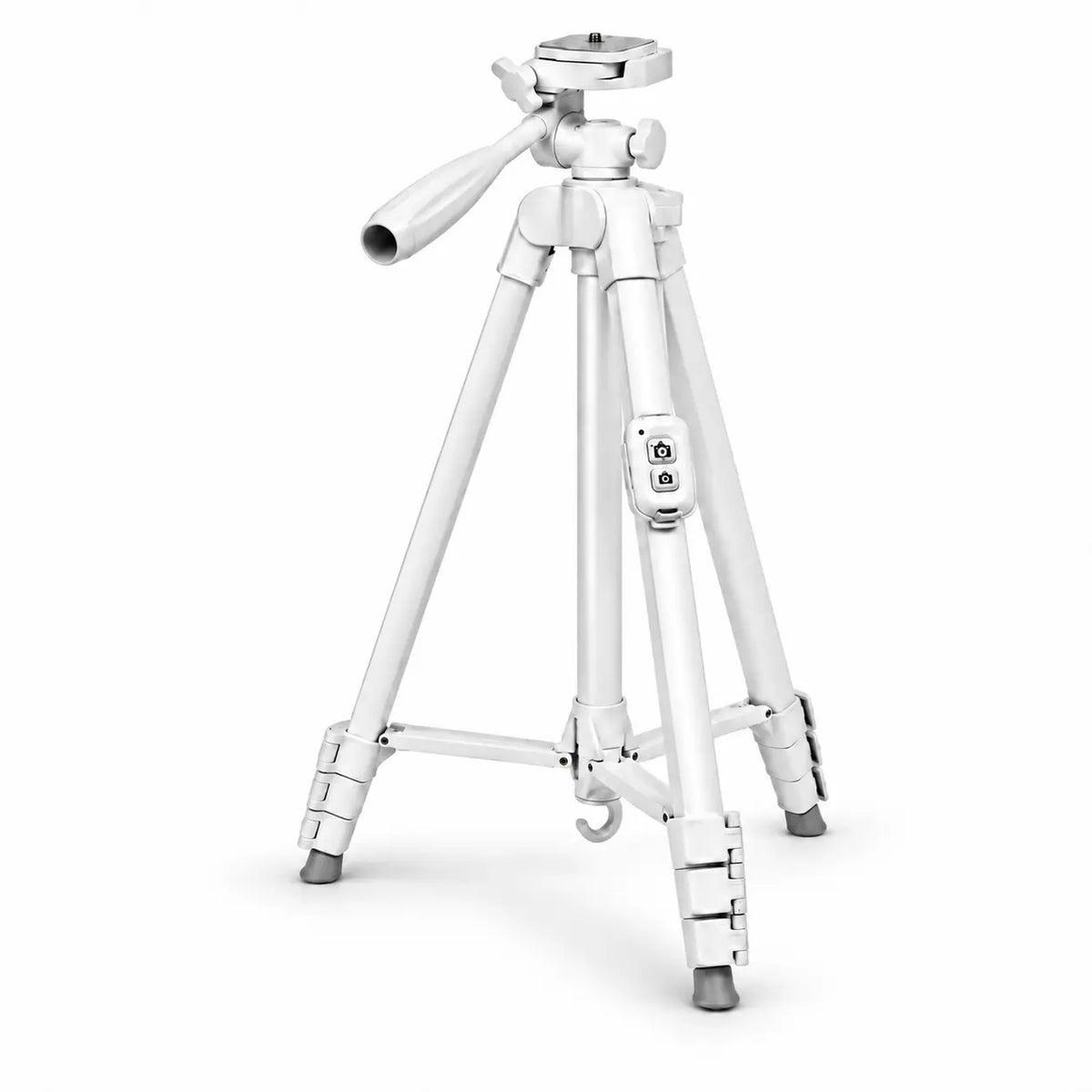 Trépied Téléphone 152 CM Blanc Aluminium - vue principale du trépied pour téléphone, iPhone & Android, Stable & Mains Libres, Support & Télécommande inclus