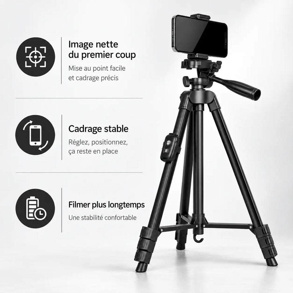 Trépied Téléphone 152 CM Noir Aluminium - format plié et transport du trépied pour téléphone, iPhone & Android, Stable & Mains Libres, Support & Télécommande inclus
