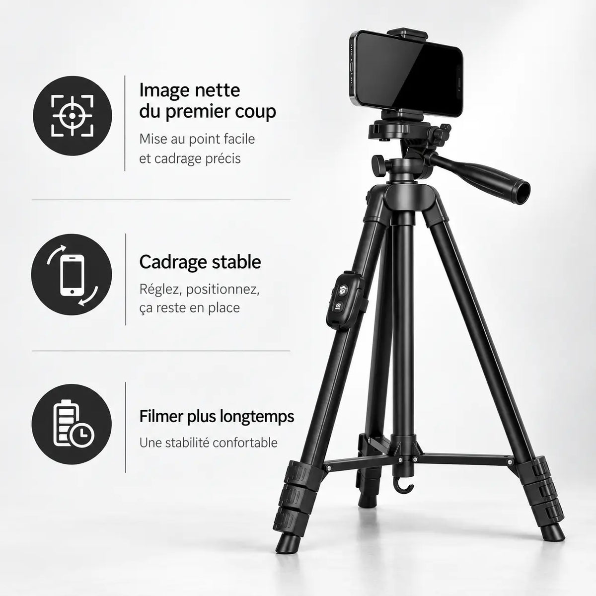 Trépied Téléphone 152 CM Noir Aluminium - format plié et transport du trépied pour téléphone, iPhone & Android, Stable & Mains Libres, Support & Télécommande inclus