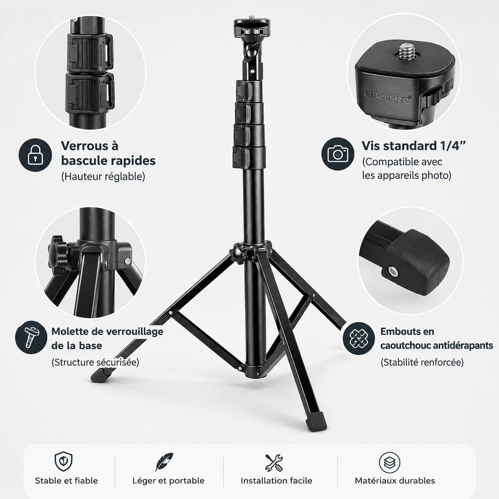 Détails du trépied téléphone 160 cm noir avec réglages rapides et vis standard
