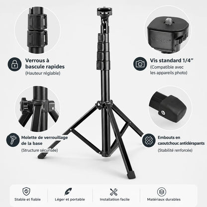 Détails du trépied téléphone 160 cm noir avec réglages rapides et vis standard