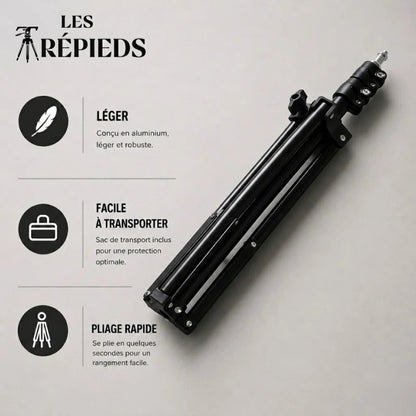 Trépied téléphone noir 160 cm replié à plat - logo Les Repieds, léger aluminium, facile a transporter avec sac inclus, pliage rapide