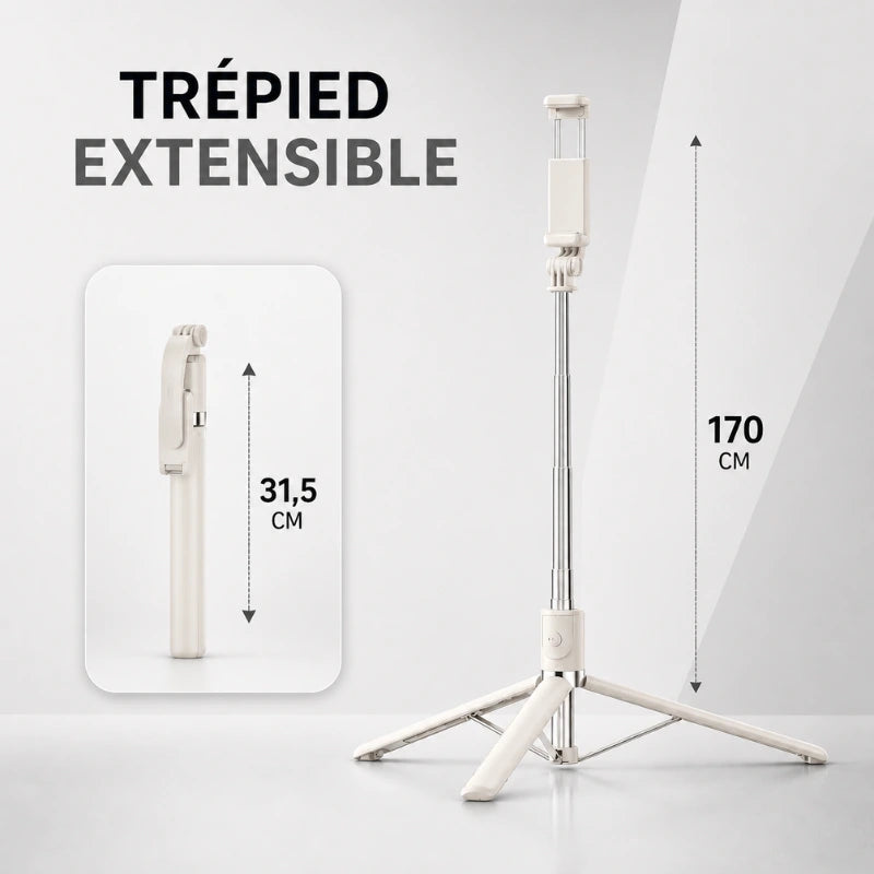 Infographie trépied extensible blanc pour téléphone : hauteur max 170 cm, replié 31,5 cm