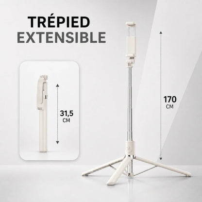 Infographie trépied extensible blanc pour téléphone : hauteur max 170 cm, replié 31,5 cm