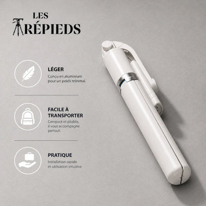 Trépied perche blanc plié à plat avec logo Les Trépieds sur fond gris béton, léger facile à transporter et pratique