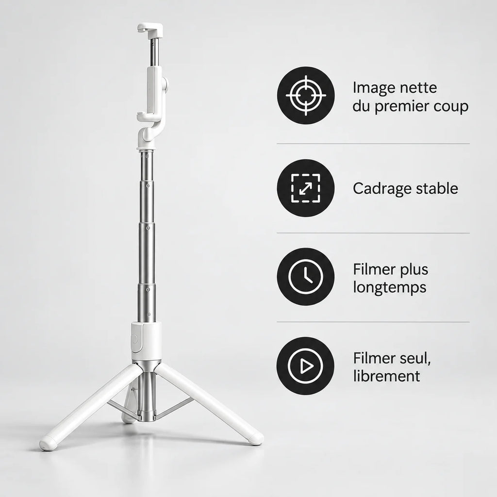 Trépied Téléphone 170 CM Blanc Aluminium - format plié et transport du trépied pour téléphone, iPhone & Android, Stable à Pleine Extension & Télécommande incluse