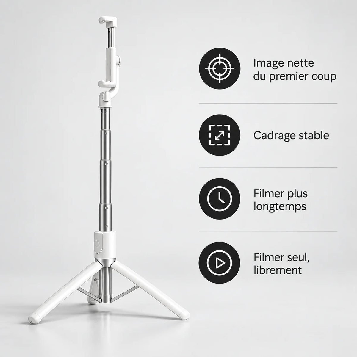 Trépied Téléphone 170 CM Blanc Aluminium - format plié et transport du trépied pour téléphone, iPhone & Android, Stable à Pleine Extension & Télécommande incluse