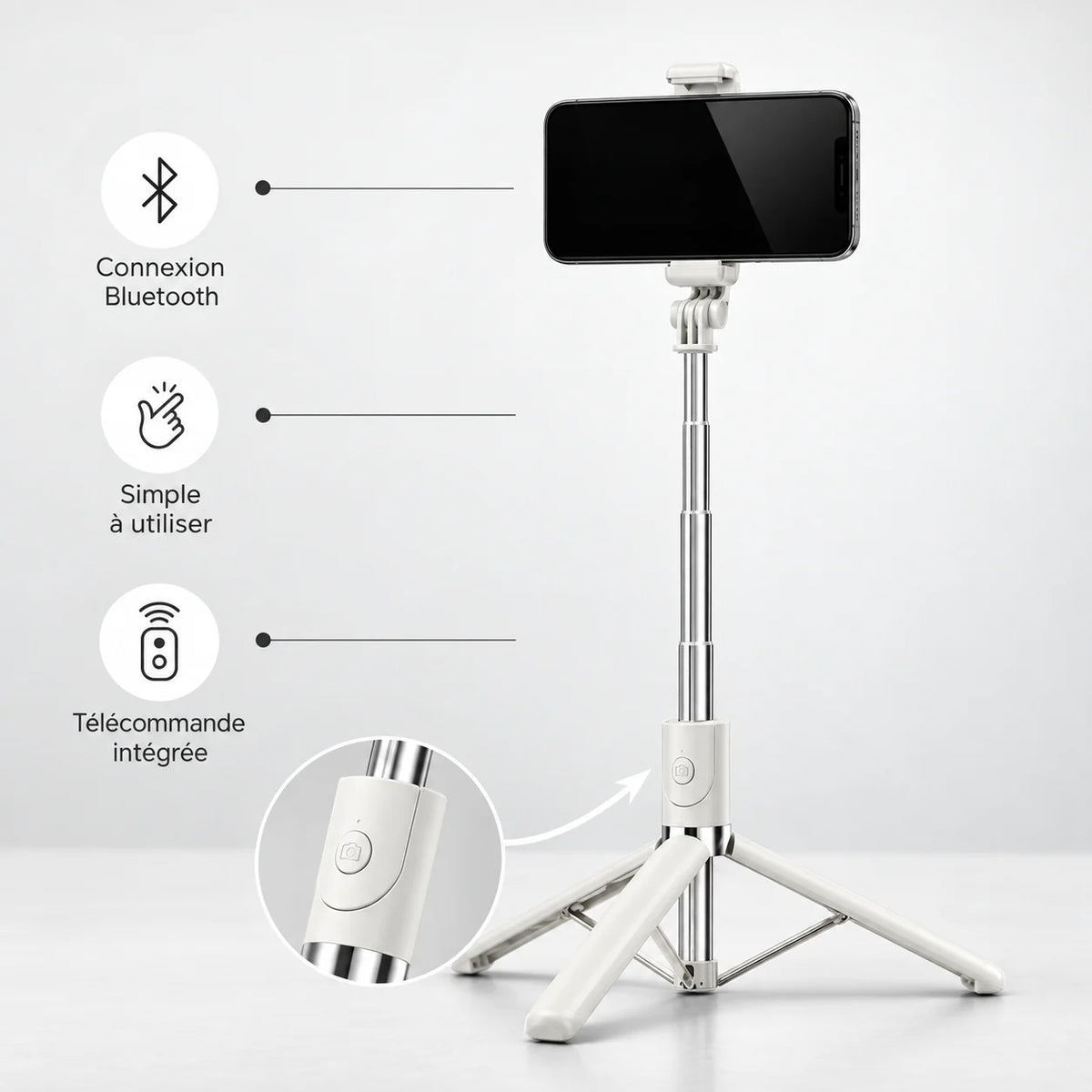 Trépied Téléphone 170 CM Blanc Aluminium - réglage et fixation du trépied pour téléphone, iPhone & Android, Stable à Pleine Extension & Télécommande incluse