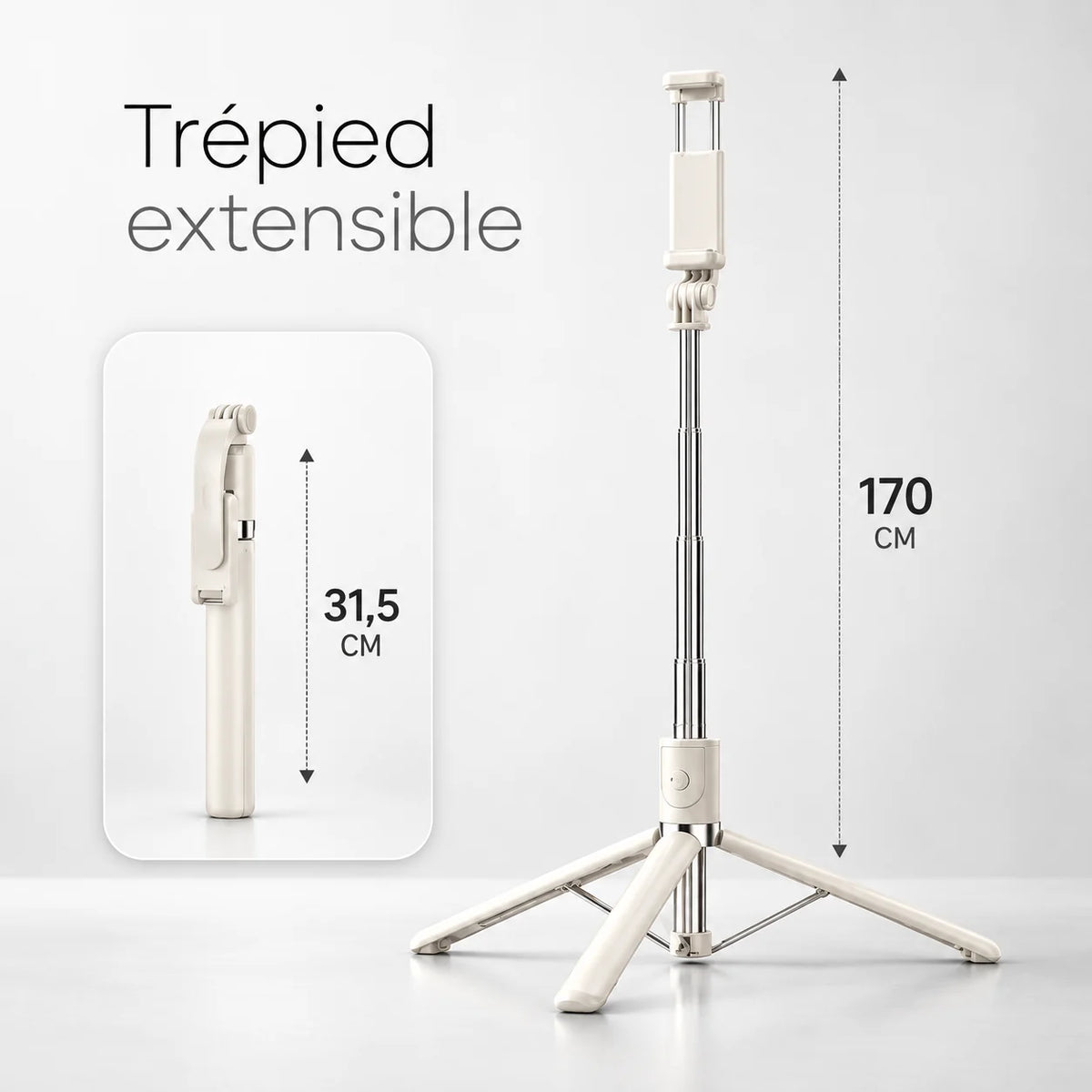 Trépied Téléphone 170 CM Blanc Aluminium - vue de détail du trépied pour téléphone, iPhone & Android, Stable à Pleine Extension & Télécommande incluse