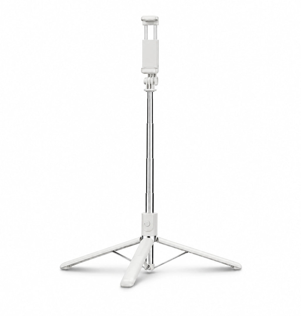 Trépied Téléphone 170 CM Blanc Aluminium - vue principale du trépied pour téléphone, iPhone & Android, Stable à Pleine Extension & Télécommande incluse