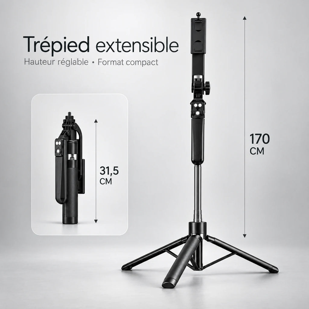 Trépied Téléphone 170 CM Noir Aluminium - vue de détail du trépied pour téléphone, iPhone & Android, Stable à Pleine Extension & Télécommande incluse