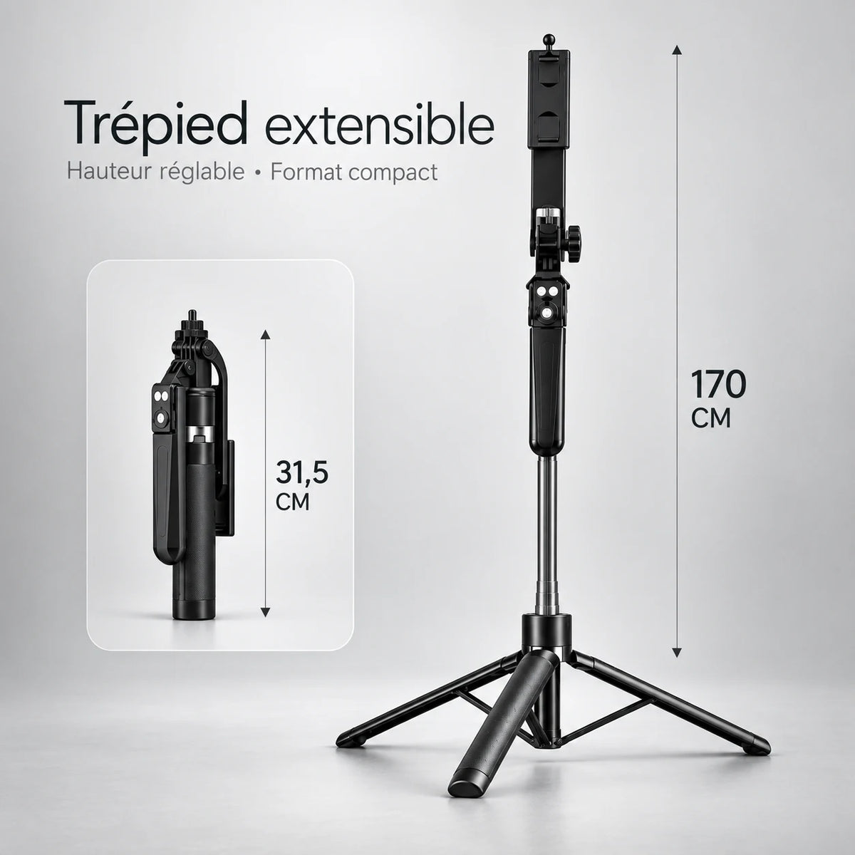 Trépied Téléphone 170 CM Noir Aluminium - vue de détail du trépied pour téléphone, iPhone & Android, Stable à Pleine Extension & Télécommande incluse