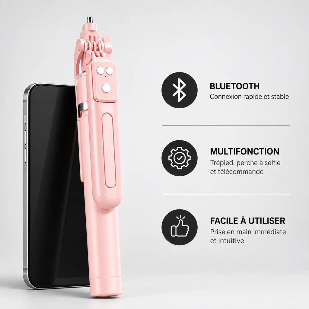 Trépied Téléphone 170 CM Rose Aluminium - format plié et transport du trépied pour téléphone, iPhone & Android, Stable à Pleine Extension & Télécommande incluse