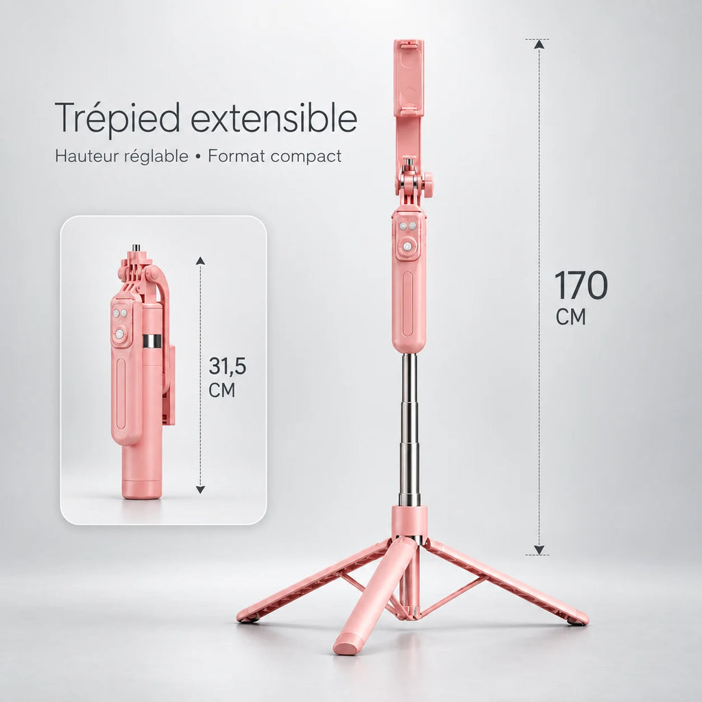 Trépied Téléphone 170 CM Rose Aluminium - vue de détail du trépied pour téléphone, iPhone & Android, Stable à Pleine Extension & Télécommande incluse