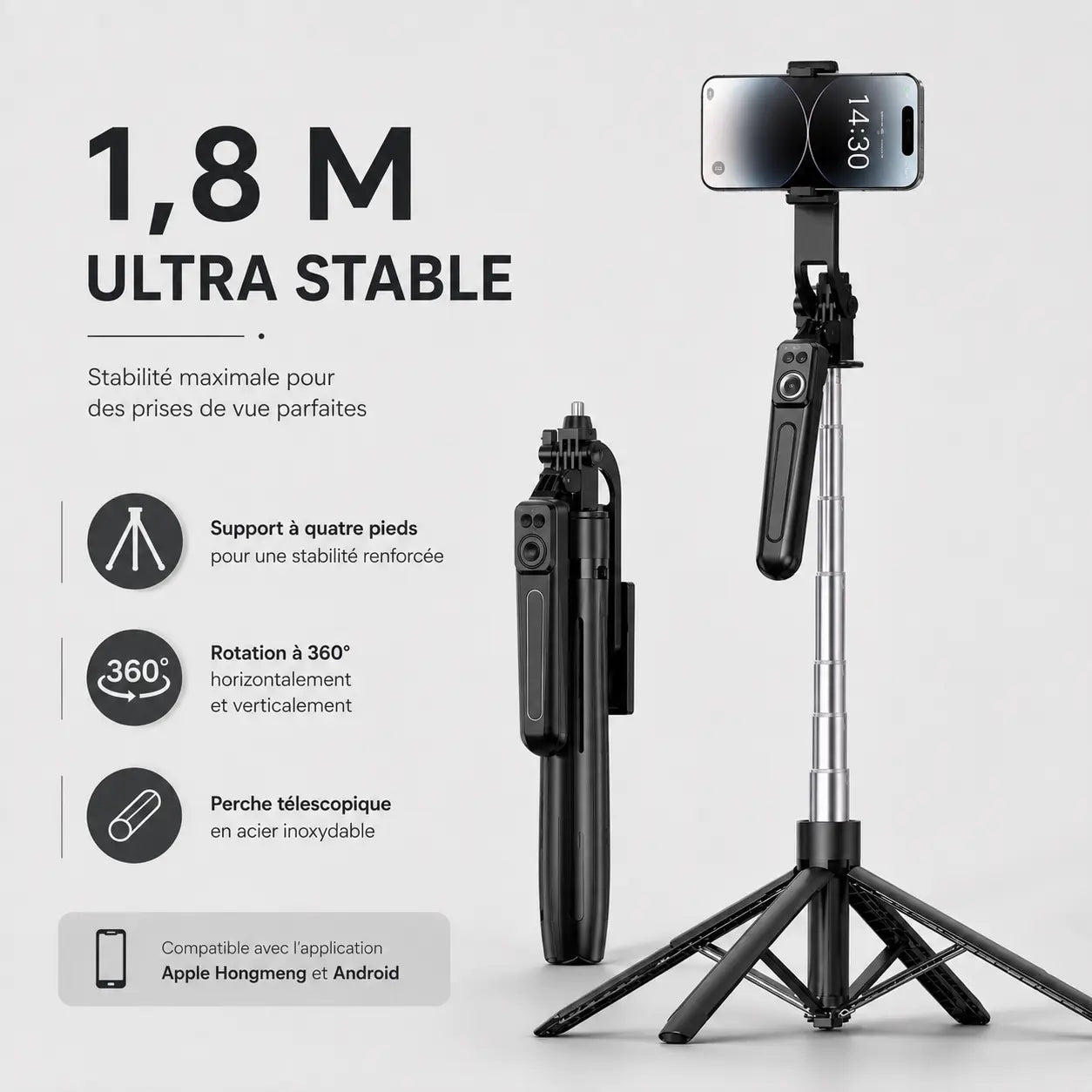 Trépied Téléphone 180 CM Noir 4 Pieds | iPhone & Android | Télécommande Bluetooth incluse - vue 2