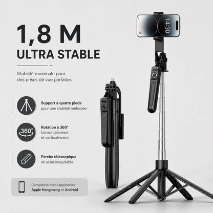 Trépied Téléphone 180 CM Noir 4 Pieds | iPhone & Android | Télécommande Bluetooth incluse - vue 2