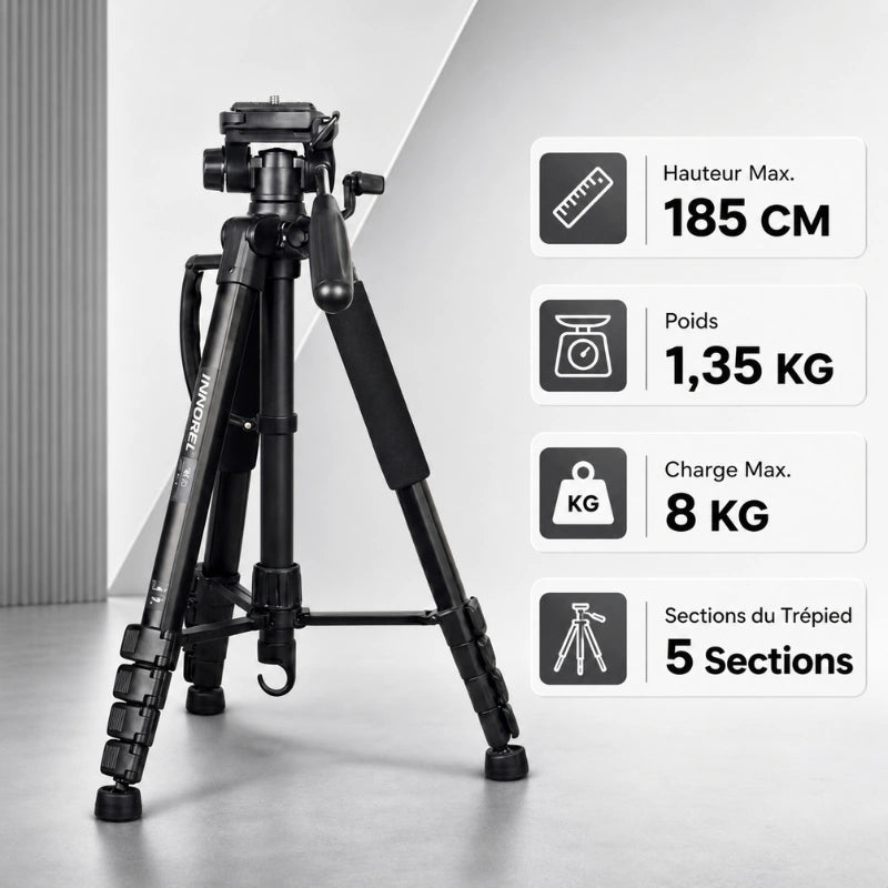Infographie trépied Innorel noir : hauteur max 185 cm, poids 1,35 kg, charge max 8 kg, 5 sections de trépied
