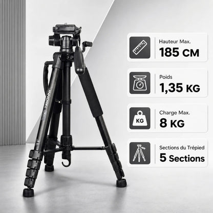 Infographie trépied Innorel noir : hauteur max 185 cm, poids 1,35 kg, charge max 8 kg, 5 sections de trépied