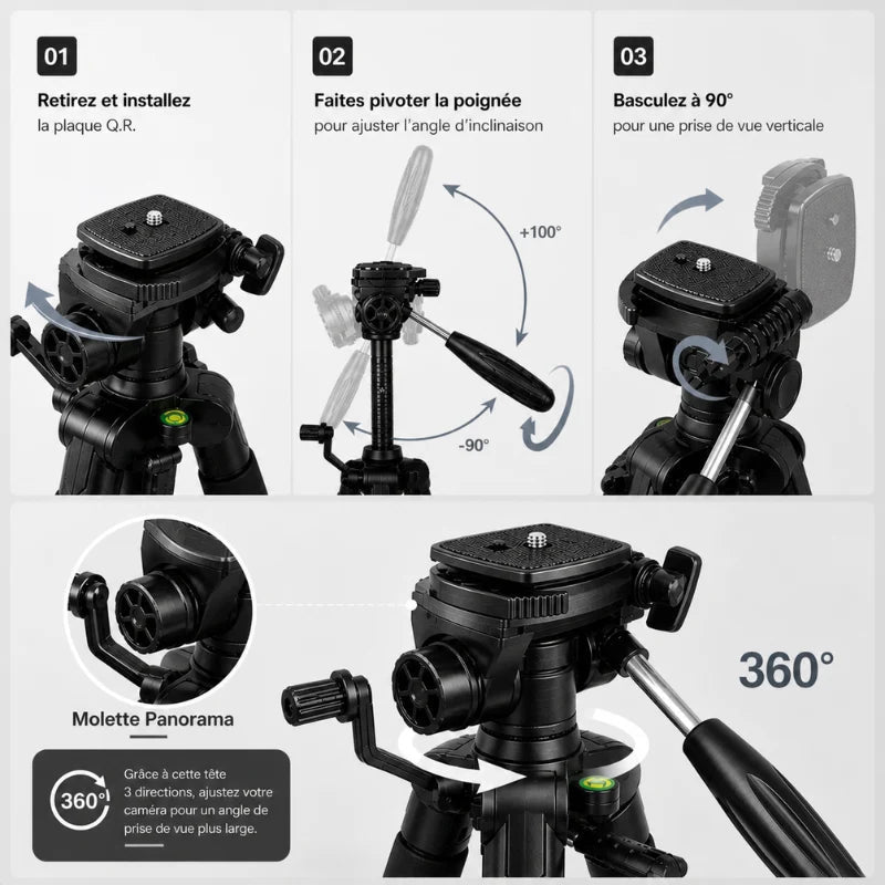 Infographie utilisation tête trépied Innorel : plaque QR, inclinaison de -90 a +100 degres, basculer a 90 degres pour prise de vue verticale, molette panorama 360 degres