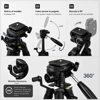 Infographie utilisation tête trépied Innorel : plaque QR, inclinaison de -90 a +100 degres, basculer a 90 degres pour prise de vue verticale, molette panorama 360 degres