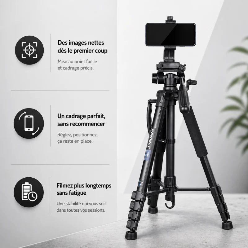 Trépied Innorel noir avec smartphone fixé en pince noire en haut - infographie 3 avantages : images nettes des le premier coup, cadrage parfait sans recommencer, filmez plus longtemps sans fatigue