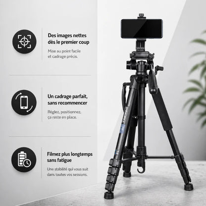 Trépied Innorel noir avec smartphone fixé en pince noire en haut - infographie 3 avantages : images nettes des le premier coup, cadrage parfait sans recommencer, filmez plus longtemps sans fatigue