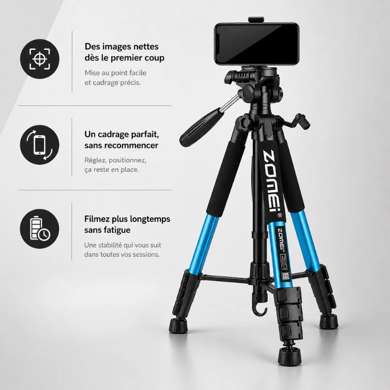 Trépied bleu Zomei avec smartphone fixé - infographie 3 avantages : images nettes, cadrage parfait, filmez longtemps sans fatigue