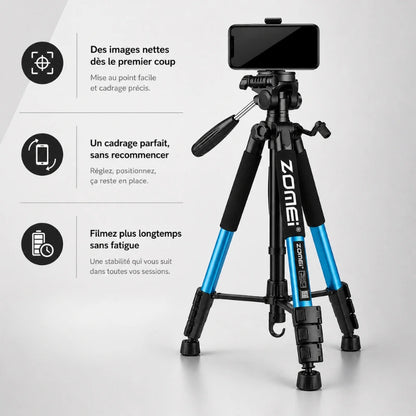 Trépied bleu Zomei avec smartphone fixé - infographie 3 avantages : images nettes, cadrage parfait, filmez longtemps sans fatigue